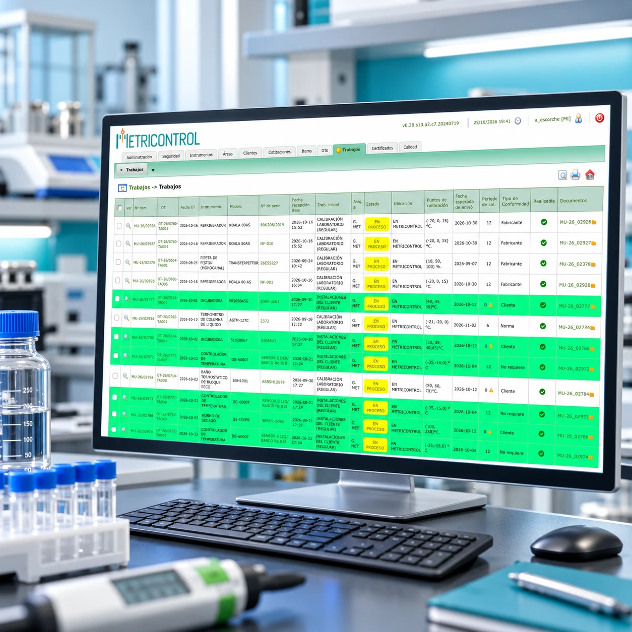 Pantalla del sistema de gestión del laboratorio con los trabajos de calibración en proceso