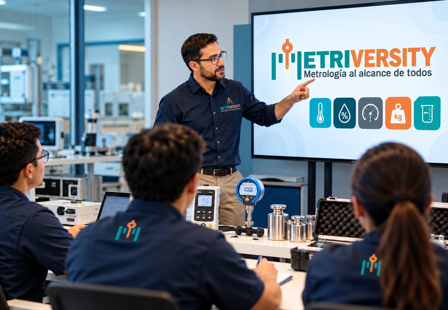 Instructor de METRIVERSITY señalando en la pantalla las magnitudes de medición frente a un grupo, con instrumentos sobre la mesa