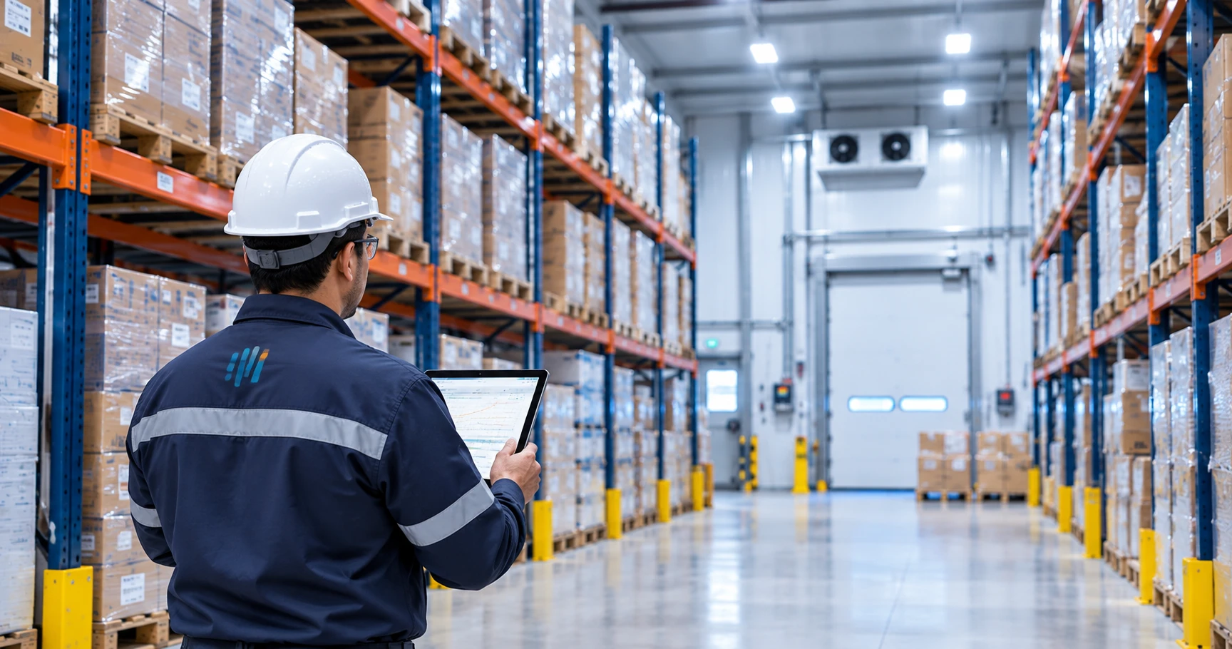 Técnico revisando datos en una tableta dentro de una bodega refrigerada con racks altos
